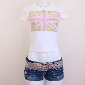 y2k floral union jack baby tee lime pink graphic top